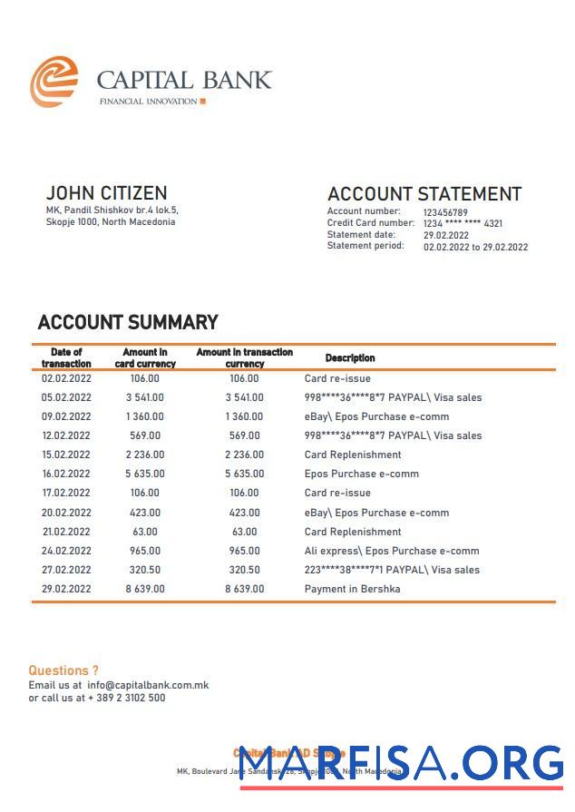 Printable North Macedonia Capital bank statement word real example